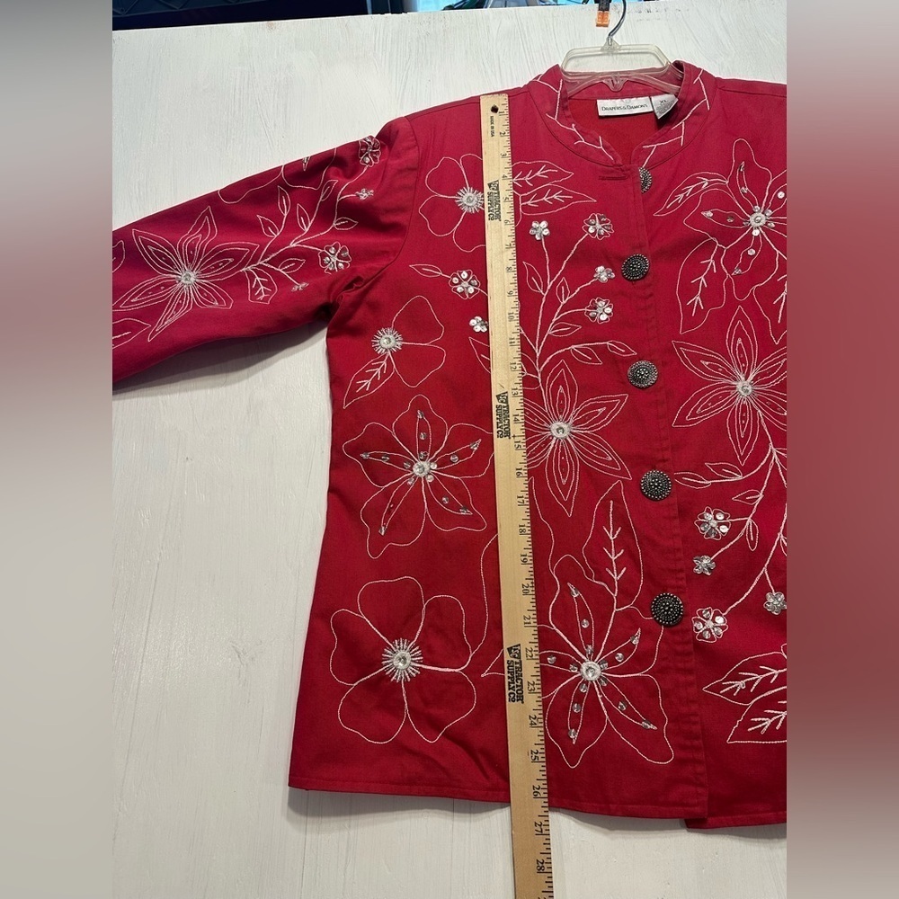 Draper’s & Damon’s Jacket XL Red Floral Embroidered Sequin Beaded Button Front - Picture 9 of 9